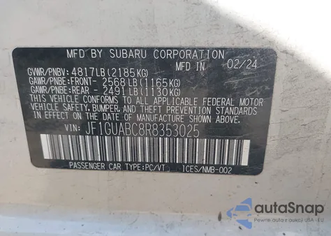 2024 Subaru Impreza Base 5-Door z USA, uszkodzony, nr VIN JF1GUABC8R8353025